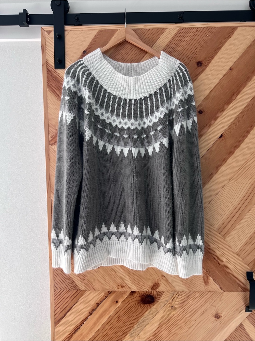 Women's Gray and White Nordic Crewneck Sweater